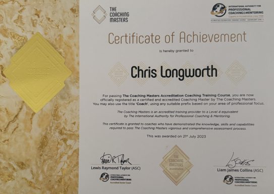 Certificate of Achievement awarded to Chris Langworth, featuring official logos and signatures.